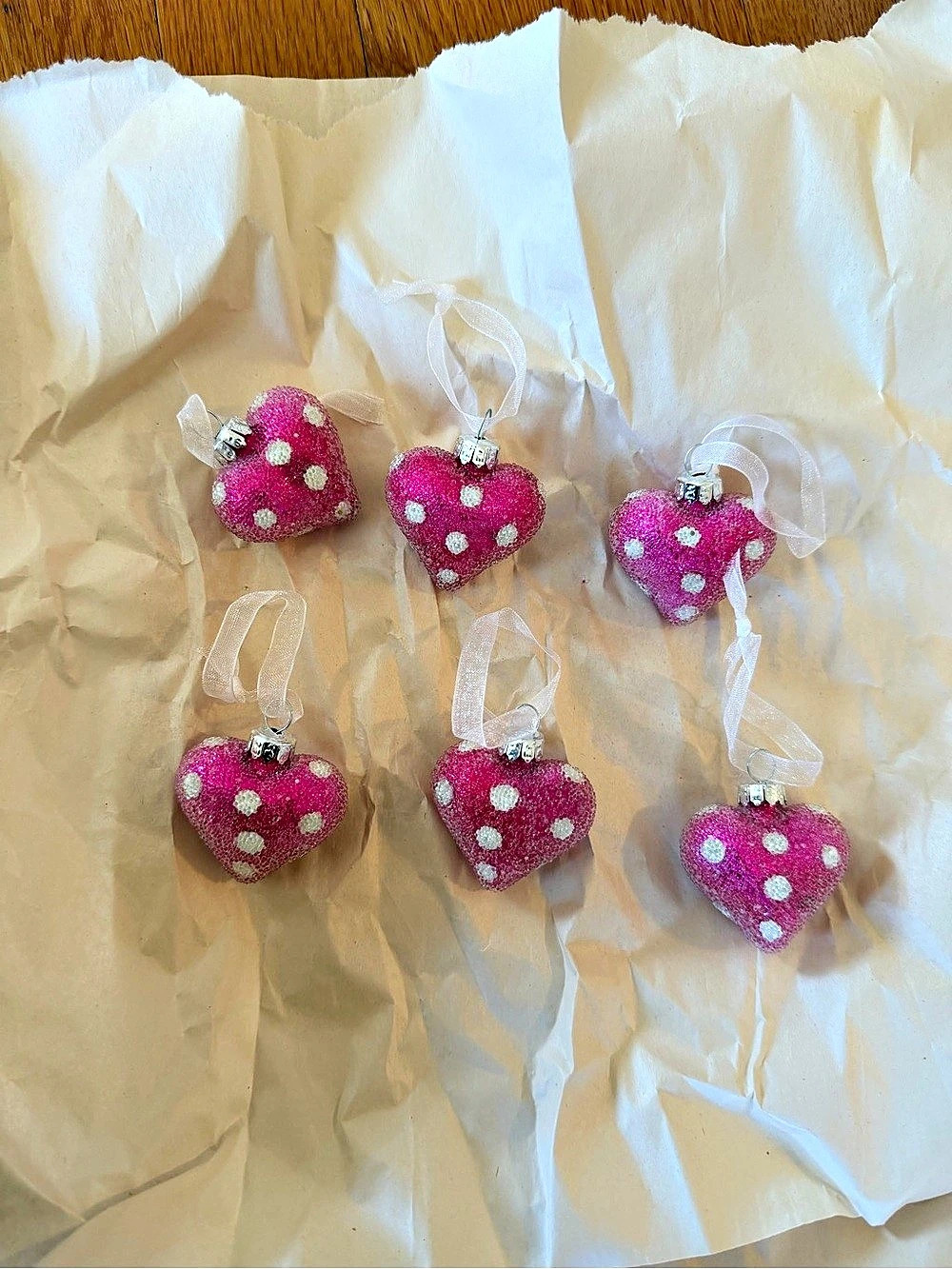 Pink & White Heart Ornaments Set of 6